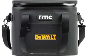 Black RTIC 30-can insulated cooler with yellow DeWalt Tool logo, ideal for worksite or outdoor adventures, available on promotional products website.