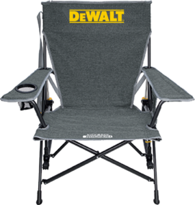 "Kickback rocker camping chair in grey, featuring the yellow DeWalt Tool logo on the backrest, designed for outdoor relaxation and durability."